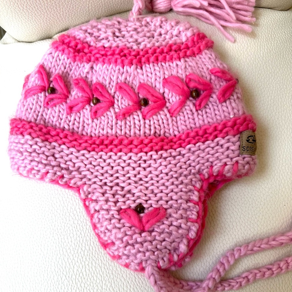 Screamer NWT Knit Hat Winter Bright Pink with Tassle Fleece Lined Kid’s Unisex